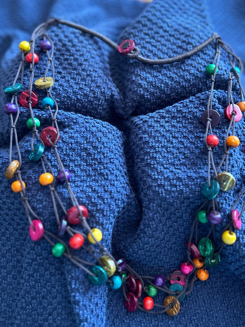 Handmade Multi-Color Beaded Statement Necklace - Blue Cord